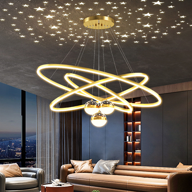 Home Decor 4 rings High Ceiling Hanging Lamp Steel Led Round modern Nordic luxury crystal chandelier pendant light Restaurant