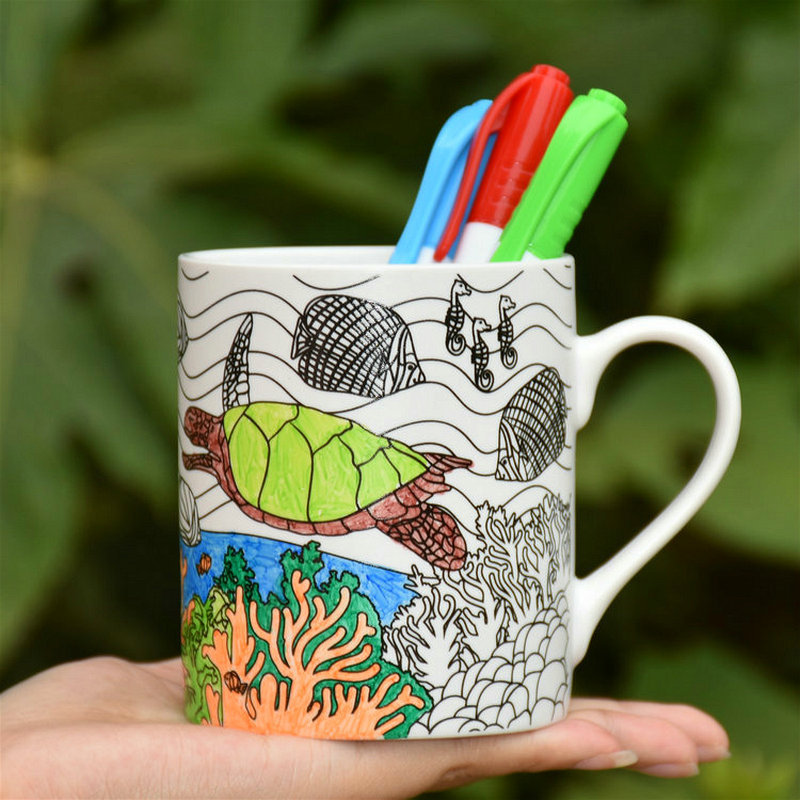 ALDI 11OZ ceramic matte white chalk mug with colour pens and gift box, paint your own mug for kids gift