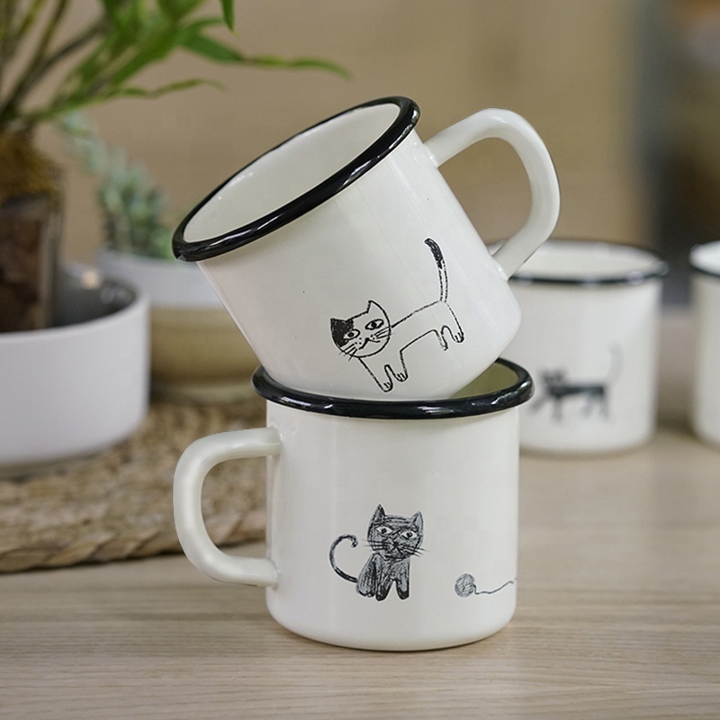 OEM Design Enamel Shaped Stoneware Sublimation Tea Cup, Ceramic Camping Water Coffee Mug