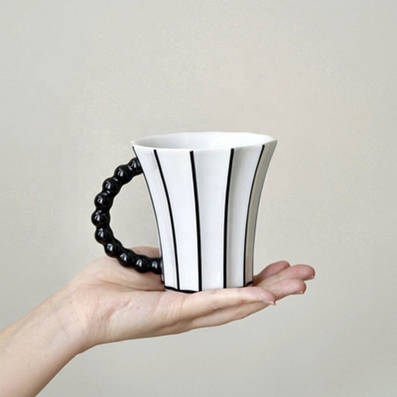 Ins Style Black White Stripped Pattern Tea Milk Cup, Creative Household Use Ceramic French Press Coffee Mug