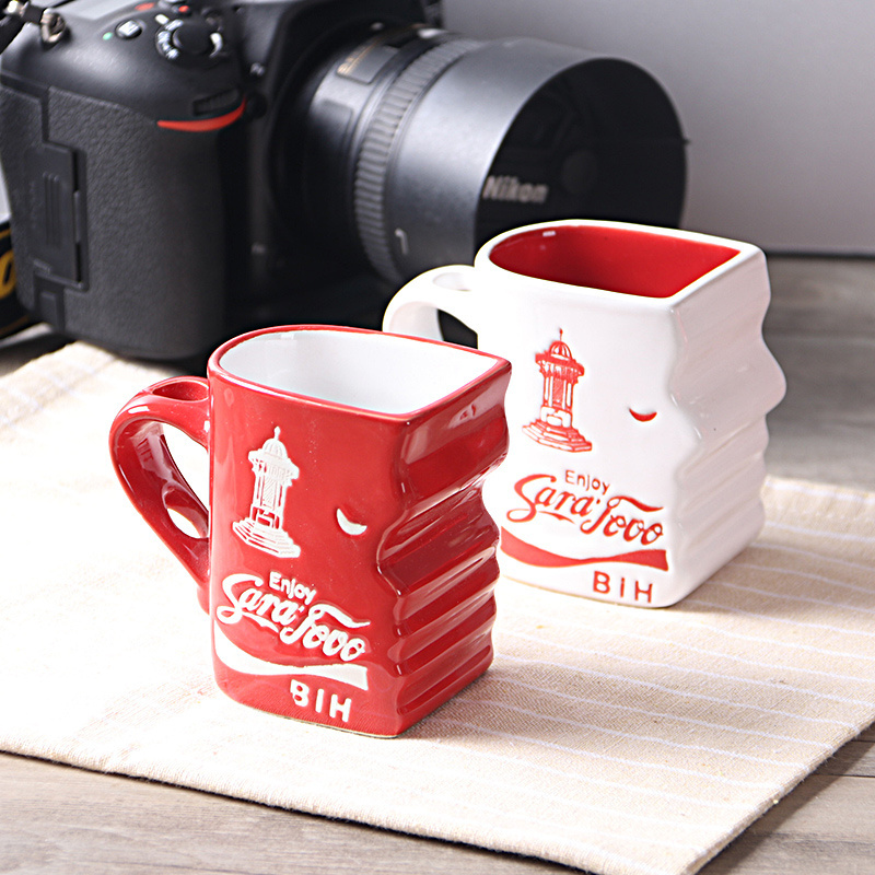 Promotion logo gift coffee cup creative red funny and white ceramic glazed couple mug creative cups weird cups