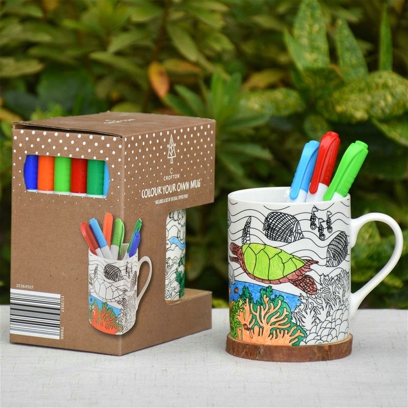 ALDI 11OZ ceramic matte white chalk mug with colour pens and gift box, paint your own mug for kids gift