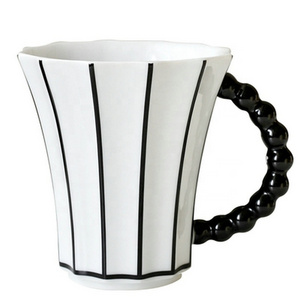 Ins Style Black White Stripped Pattern Tea Milk Cup, Creative Household Use Ceramic French Press Coffee Mug