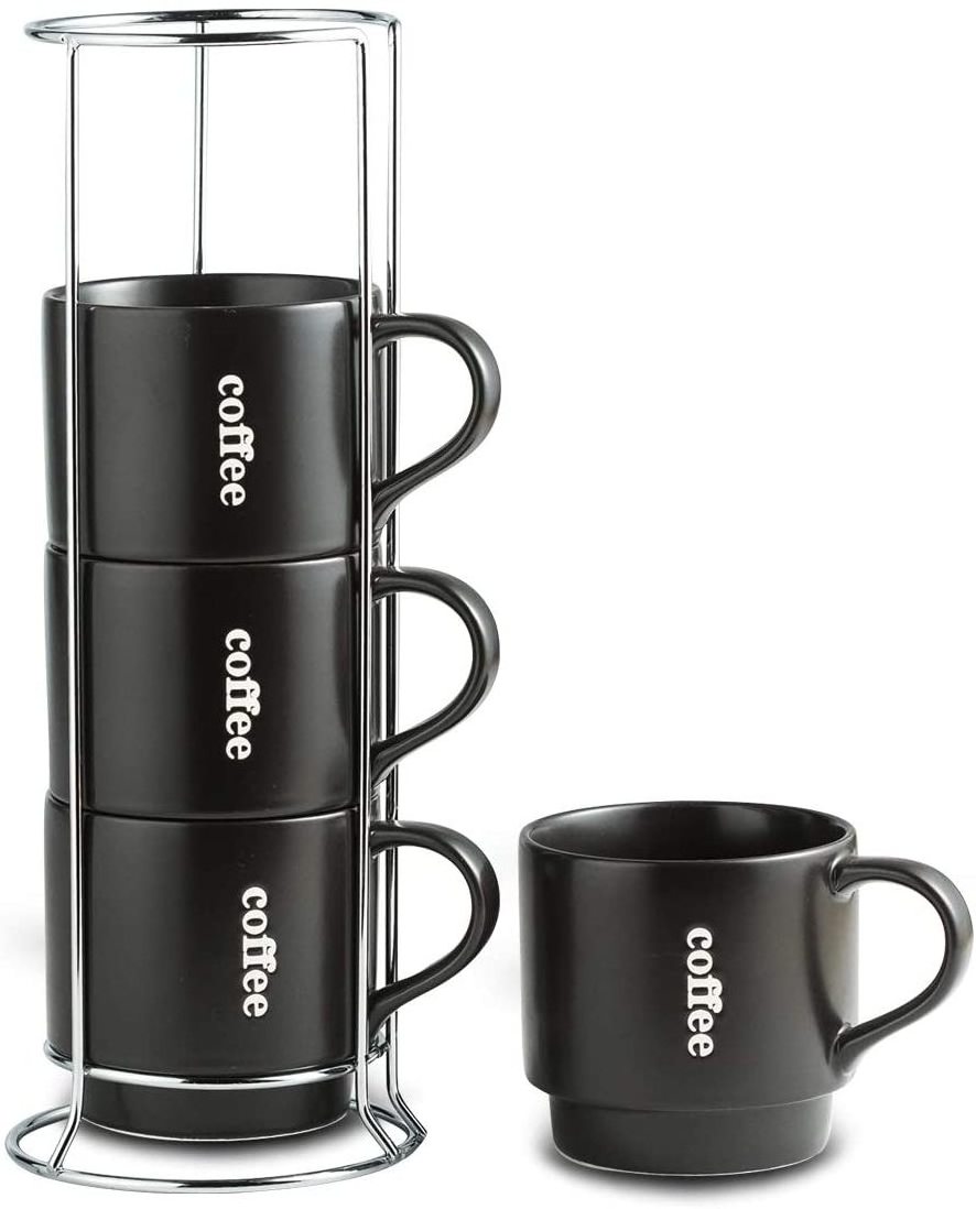 Stoneware Products Manufacturer Stackable Coffee Cup Wholesale, Black Stackable Ceramic Mug With Saucer And Metal Stand