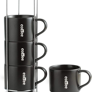 Stoneware Products Manufacturer Stackable Coffee Cup Wholesale, Black Stackable Ceramic Mug With Saucer And Metal Stand