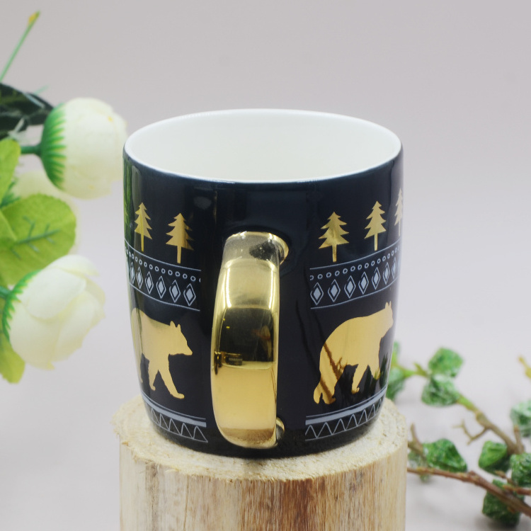 Winter Holiday Season New Collection Cute Polar Bear Drinkware Electroplate Decal Wrap Black Glaze Christmas Mug With Handle