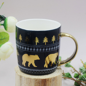 Winter Holiday Season New Collection Cute Polar Bear Drinkware Electroplate Decal Wrap Black Glaze Christmas Mug With Handle