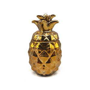 Custom Electroplating Porcelain Soy Wax Container Gold Ornament Ceramic Pineapple Shaped Candle