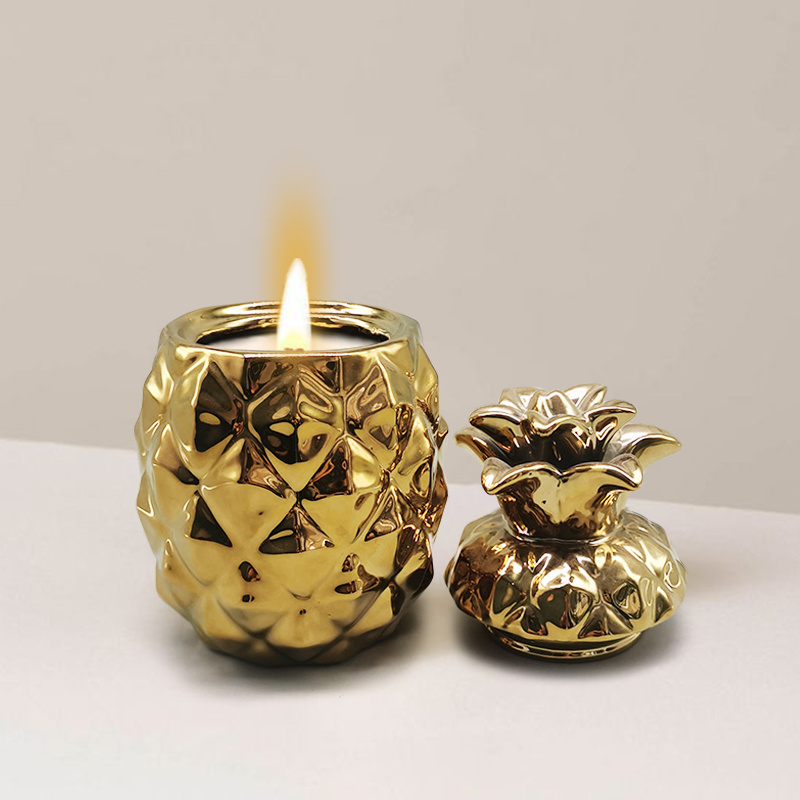 Custom Electroplating Porcelain Soy Wax Container Gold Ornament Ceramic Pineapple Shaped Candle