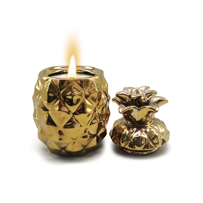 Custom Electroplating Porcelain Soy Wax Container Gold Ornament Ceramic Pineapple Shaped Candle