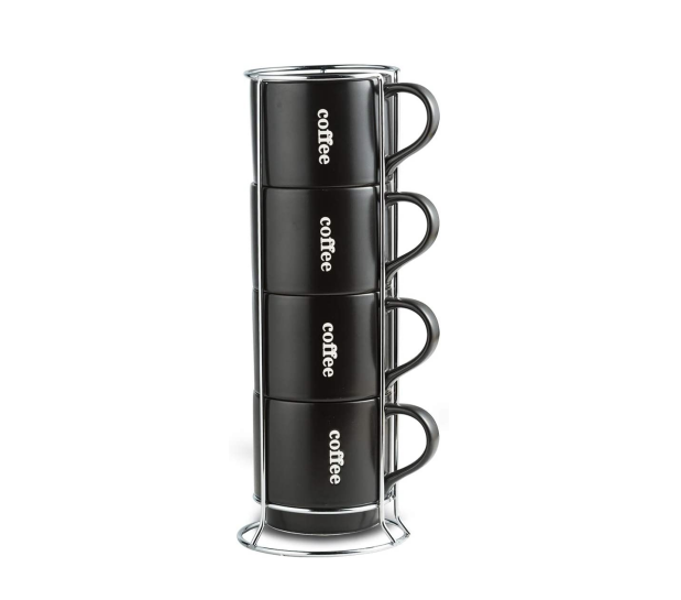 Stoneware Products Manufacturer Stackable Coffee Cup Wholesale, Black Stackable Ceramic Mug With Saucer And Metal Stand