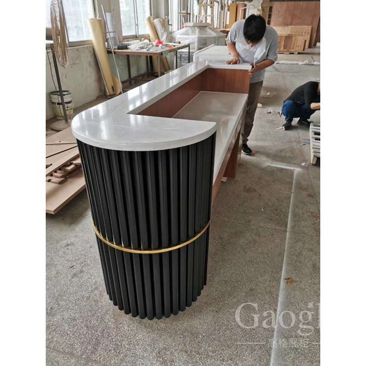 Unique modern linear reception desk pink black blue green counter front table with white marble on the top for sale