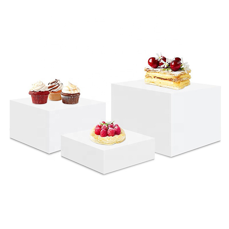 Gaogle Custom White 5 Sided Square Acrylic Buffet Display Nesting Cube Food Display Acrylic Risers for Food Display