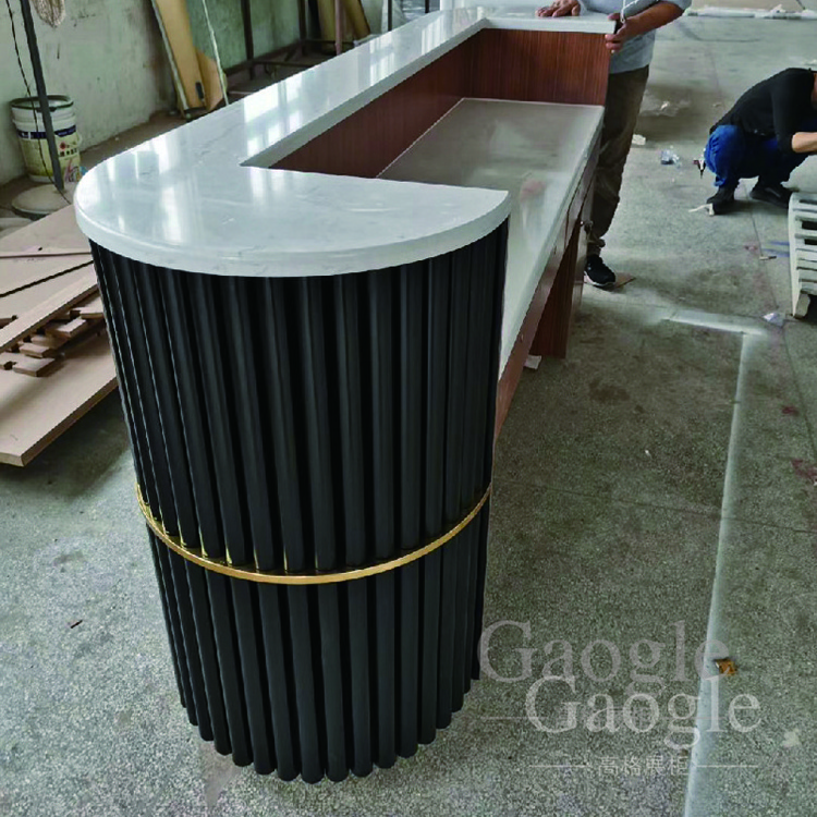 Unique modern linear reception desk pink black blue green counter front table with white marble on the top for sale