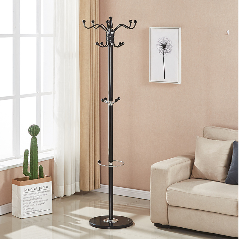 Standing entryway coat rack tree hat hanger holder jacket stand base metal black