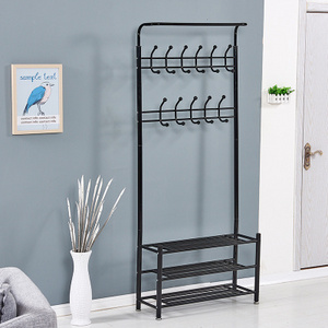 Home Easy Assembly Free Standing Garment Portable Hanger Metal Frame Coat Rack With Shoe Storage Bench