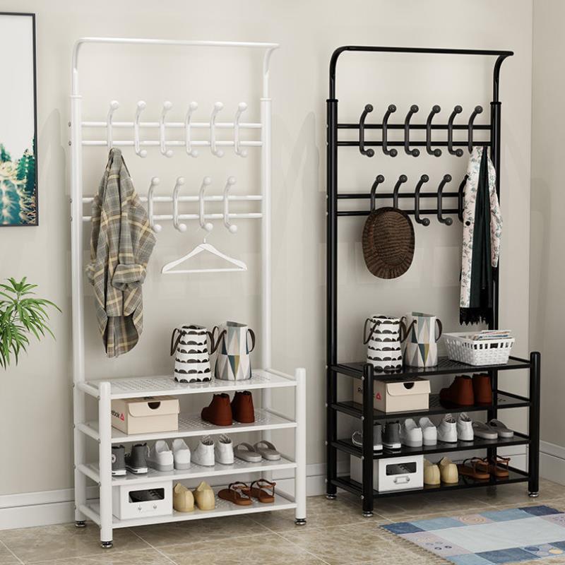 Home Easy Assembly Free Standing Garment Portable Hanger Metal Frame Coat Rack With Shoe Storage Bench