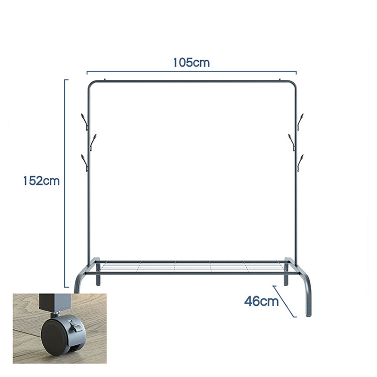 small sturdy portable single pole self free standing movable rolling hanging iron clothes rack and stand