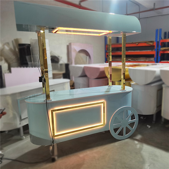 Good Quality White Dessert Display Baby Shower LED Candy Cart With Wheel Food Cart For Parties Wedding Supplies