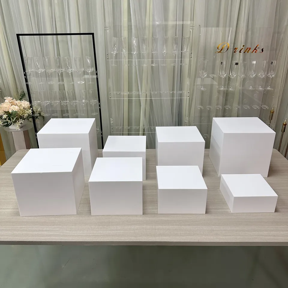 White Buffet Acrylic Riser Cube Display Set of 8 Square Food Dessert Display Stand For Sale