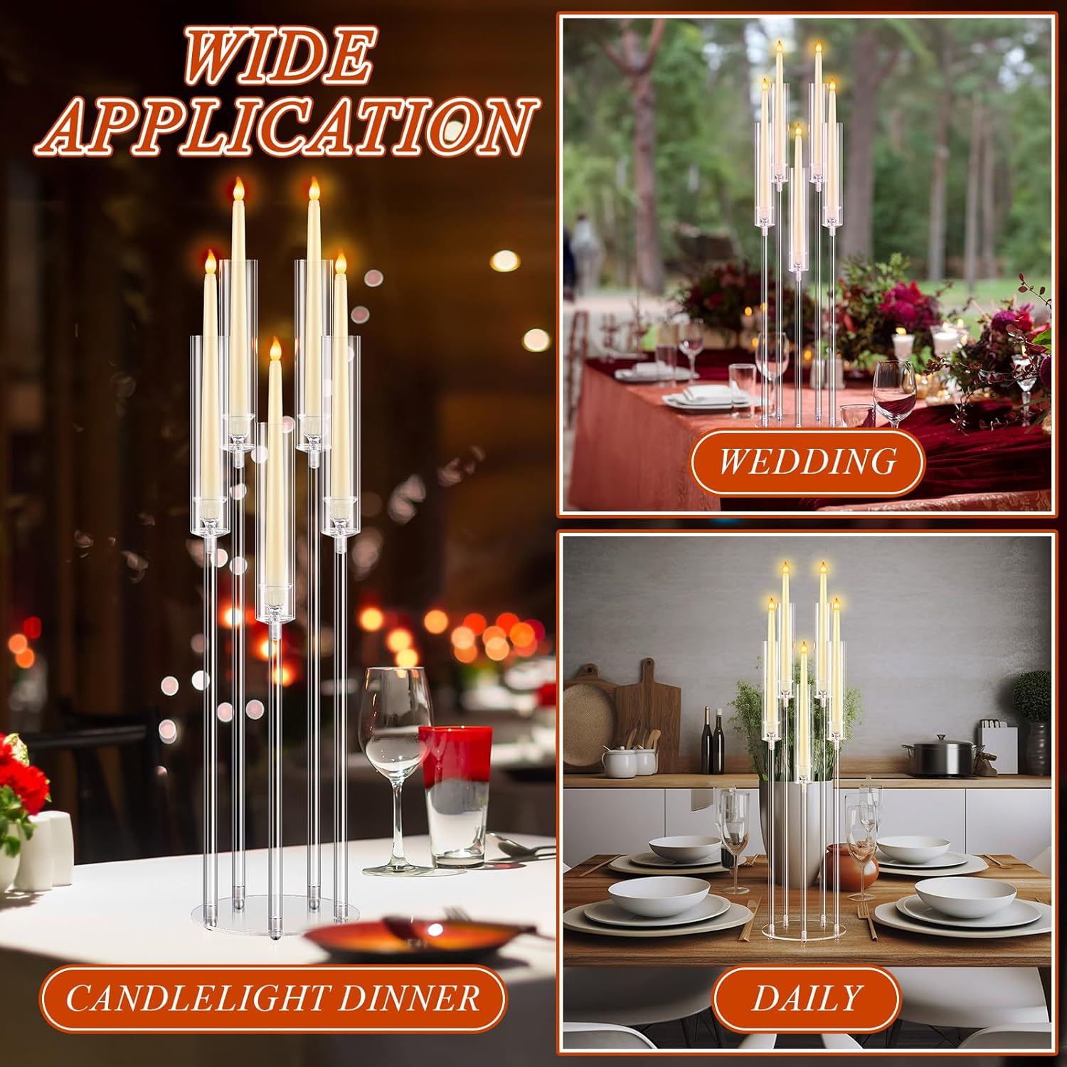 Acrylic Candelabra Centerpieces Clear  Crystal 5 Arm Pillar Candlesticks Candle Holder for Wedding Dinner Party