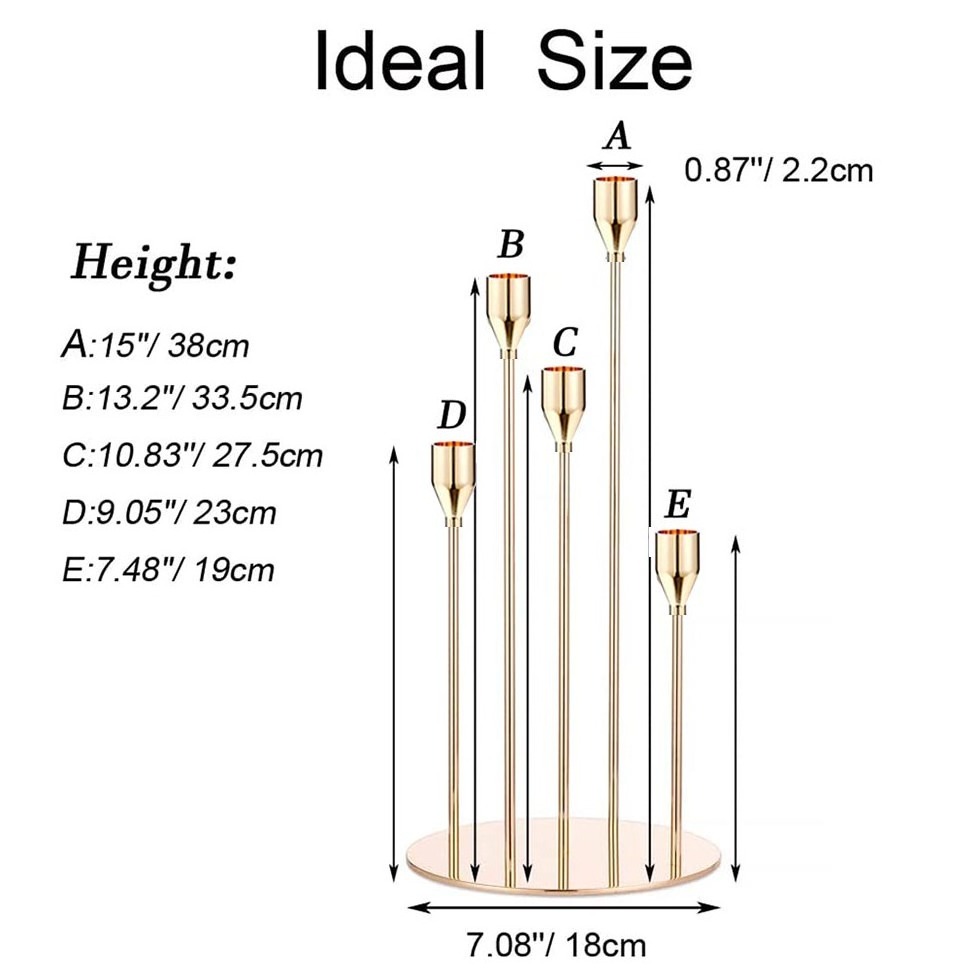 Tall Tapered Metal Gold Candlestick Pillar 5-Arms Candle Holder for Wedding & Christmas Home Table Centerpiece Decoration