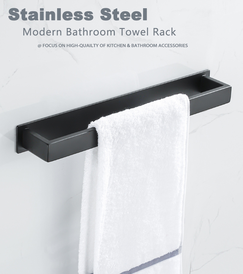 Bathroom Towel Rack Wall Self-Adhesive Black Towel Holder Stainless Steel Bath Towel Bar Wall Mounted Kitchen Hanger