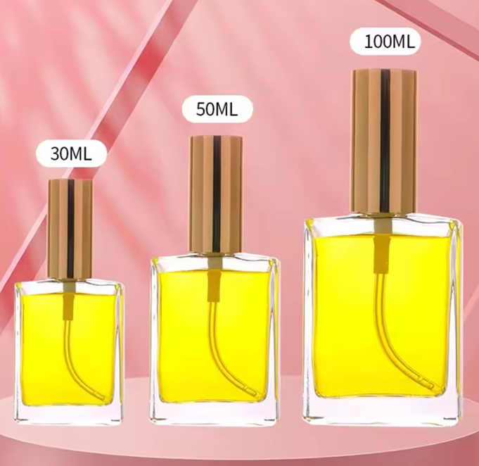 30ml 50ml 100ml Screw mouth flat square thin body glass perfume bottle with electroplated spray cap