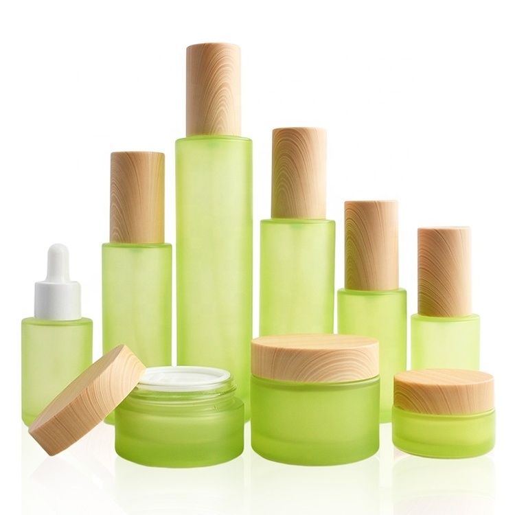 Bamboo cap skincare body lotion cosmetic packaging glass empty container/serum/toner bottles cream jars with lid