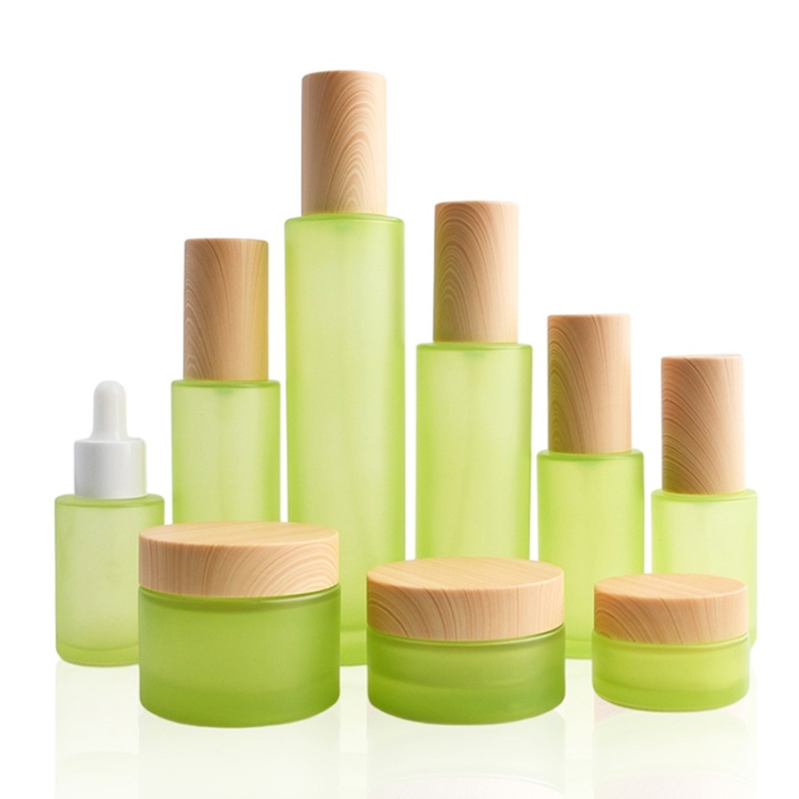 100ml Tonic Luxury Green Pump customize Lotion Bottle Set 30ml 60ml 120ml 10g 30g 50g Frosted Cosmetic Glass Jar with Bamboo Lid