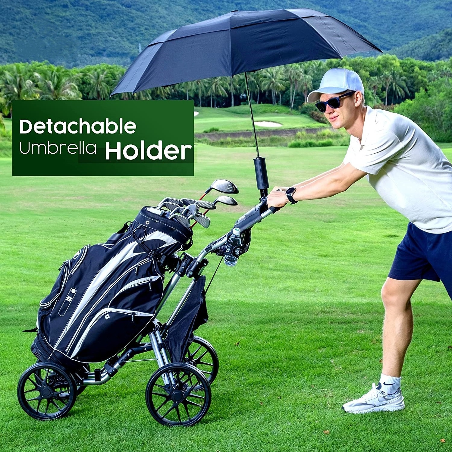 New Arrival 4 Wheel Golf Push Cart Foldable Golf Cart Trolley With Foot Brake Umbrella Holder