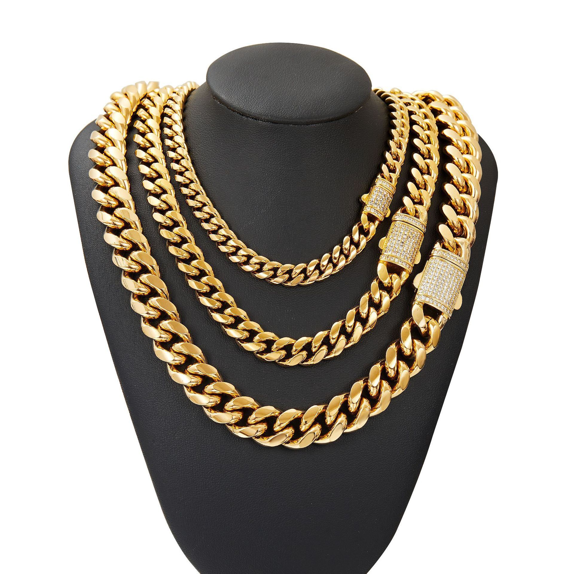 2024 hip hop 18K Gold Cuban Stainless Steel Diamond Necklace Micro-Inlaid Lock Encrypted Chain 6mm-14mm Necklace