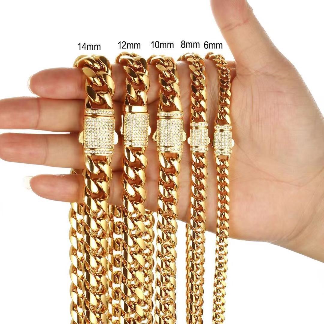 2024 hip hop 18K Gold Cuban Stainless Steel Diamond Necklace Micro-Inlaid Lock Encrypted Chain 6mm-14mm Necklace