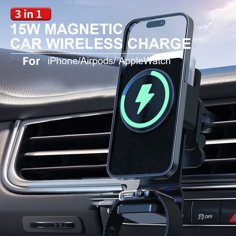 2024 New Products 3 In 1 Car Wireless Charger Holder 15W Wireless Charging Car Mount Fast Qi Wireless Car Charger