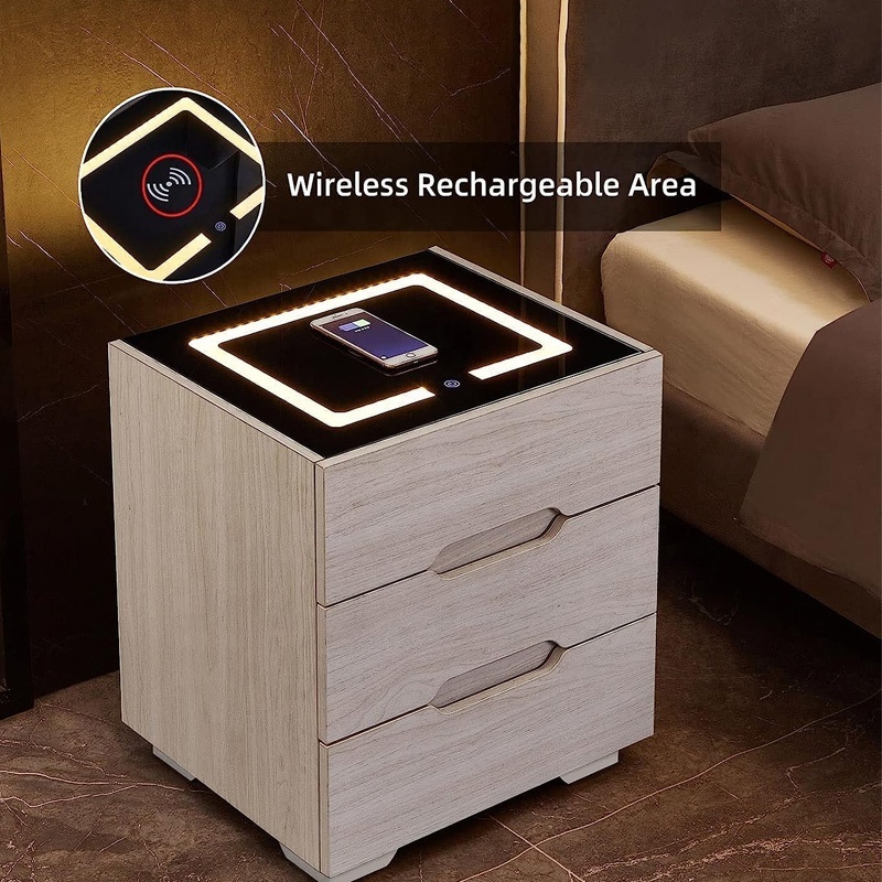 Nightstand Wireless Charging Station and LED Light Modern End Side Table with 3 Drawer for Bedrooms