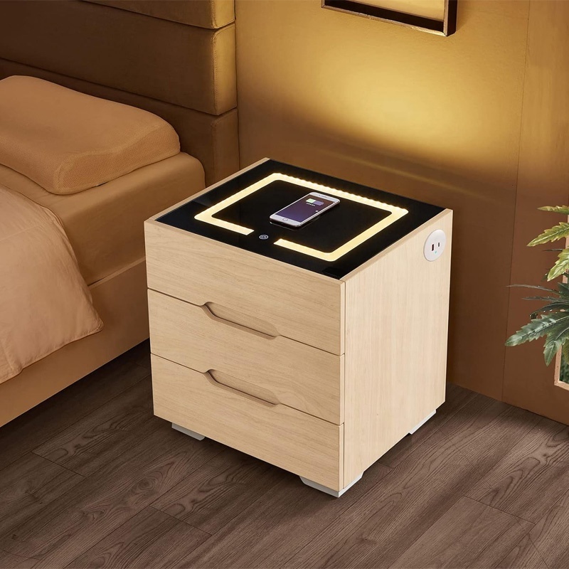 Nightstand Wireless Charging Station and LED Light Modern End Side Table with 3 Drawer for Bedrooms