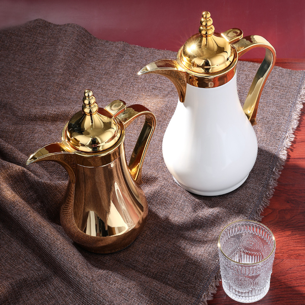 NEW ARRIVAL ARABIC SILVER GOLDEN COLOR DOUBLE WALL STAINLESS INSULATED 750ML VACUUM FLASK DALLAH POT