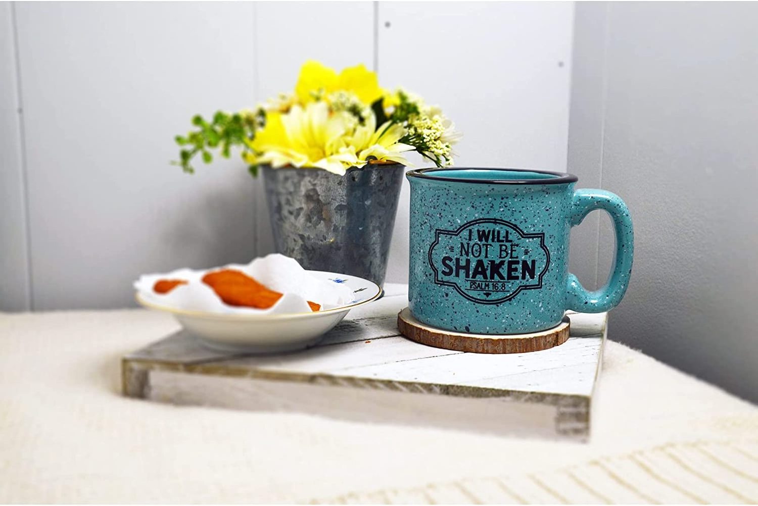 Can Custom Free Samples- Campfire Ceramic Coffee Mug with Inspiring Quote,15 Ounces Speckled Classic Coffee Cup, I will not be shaken. Psalm 16:8 Mug