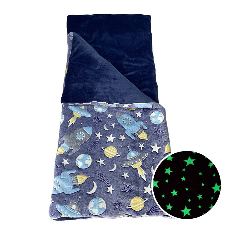 Wholesale 100% Polyester Washable Knitted Cartoon Glow in the Dark Kids Nap Mat with Pillow for Rest