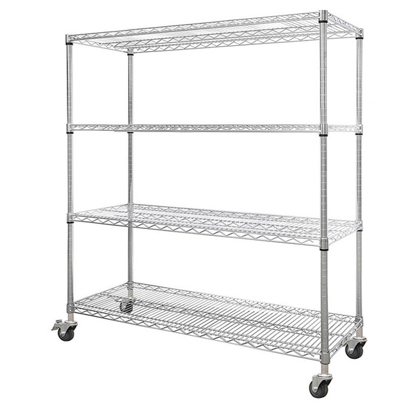 NSF Approval Adjustable Wire Shelf 4 Tier Heavy Duty black metal shelf with wheel for kitchen/living room