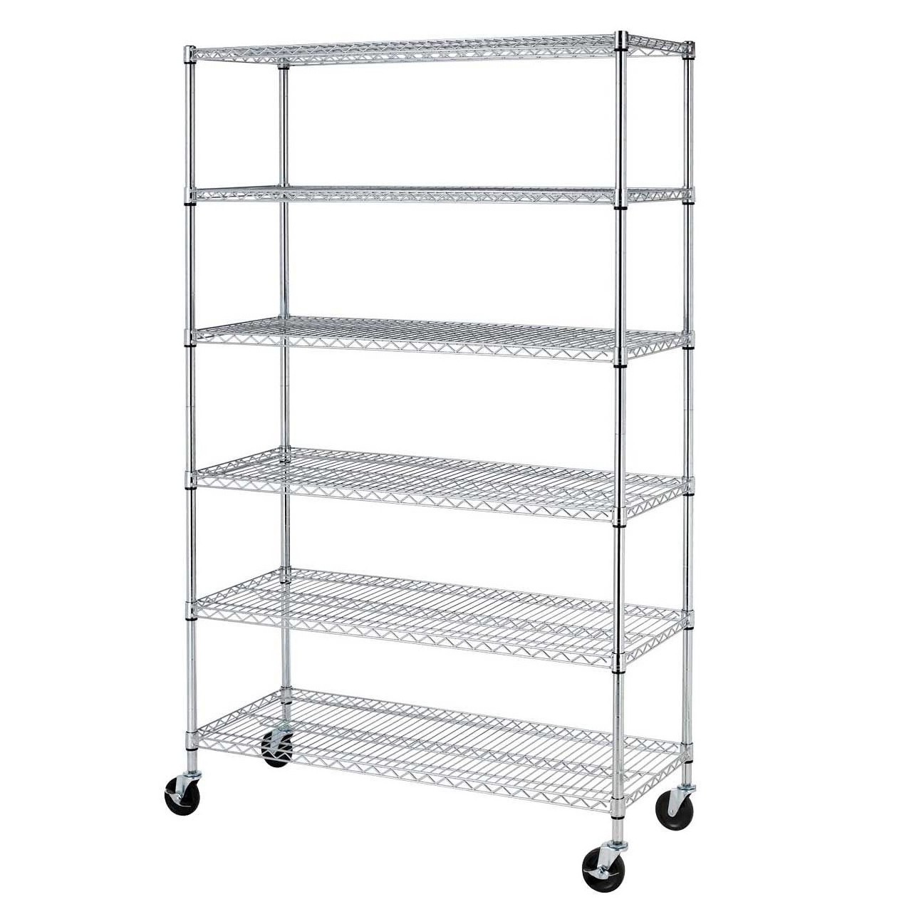 Durable Metal Wire Shelving Chrome plated wire shelves 6 Layer Adjustable industry metal storage shelf with wheels