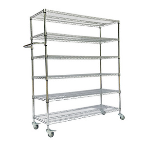 NSF Approval Heavy Duty Chrome 6 Tiers Commercial Storage Wire Steel Shelving with Wheels