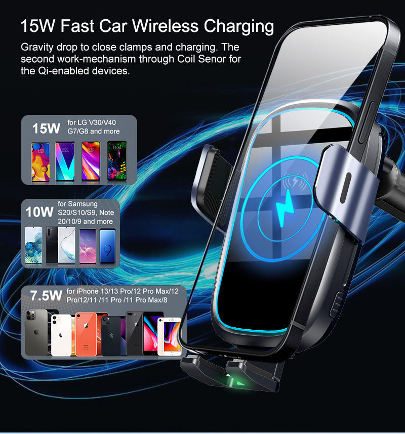 15W Wireless Car Charger Super Fast Gravity Trigger Phone Holder Universal Wireless Fast Wireless Charger