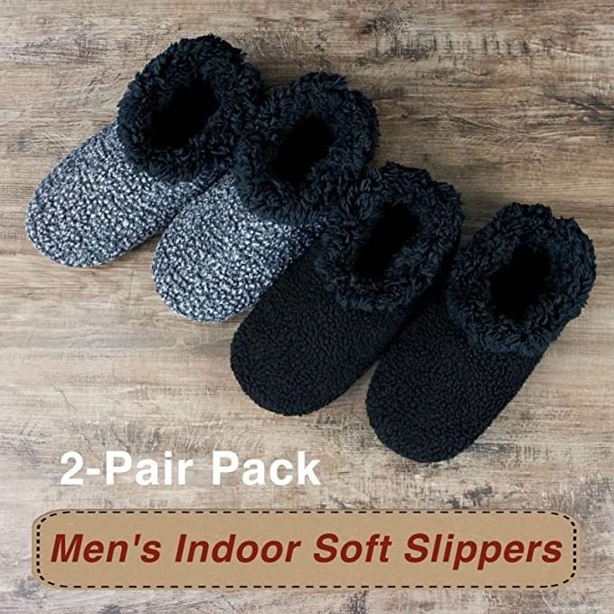 Men's Slipper Fluffy Sherpa Lined Winter Cable Knit Warm Gripper Sock Set Non-Skid Soles Cozy Soft Indoor with Grip Bottoms