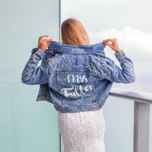 Custom Spring Autumn Fashion Long Sleeve Bulk Wedding Pearl Jean Jacket Women Denim Jacket