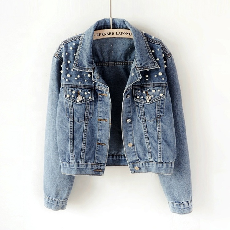 Custom Spring Autumn Fashion Long Sleeve Bulk Wedding Pearl Jean Jacket Women Denim Jacket