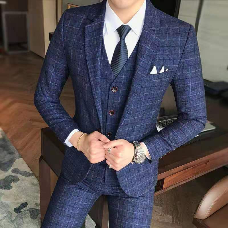 2021 Men Plaid Suits 3 Pieces Blazer Vest Pants Set Single Breasted Formal Wedding Business Men's Suits for Men