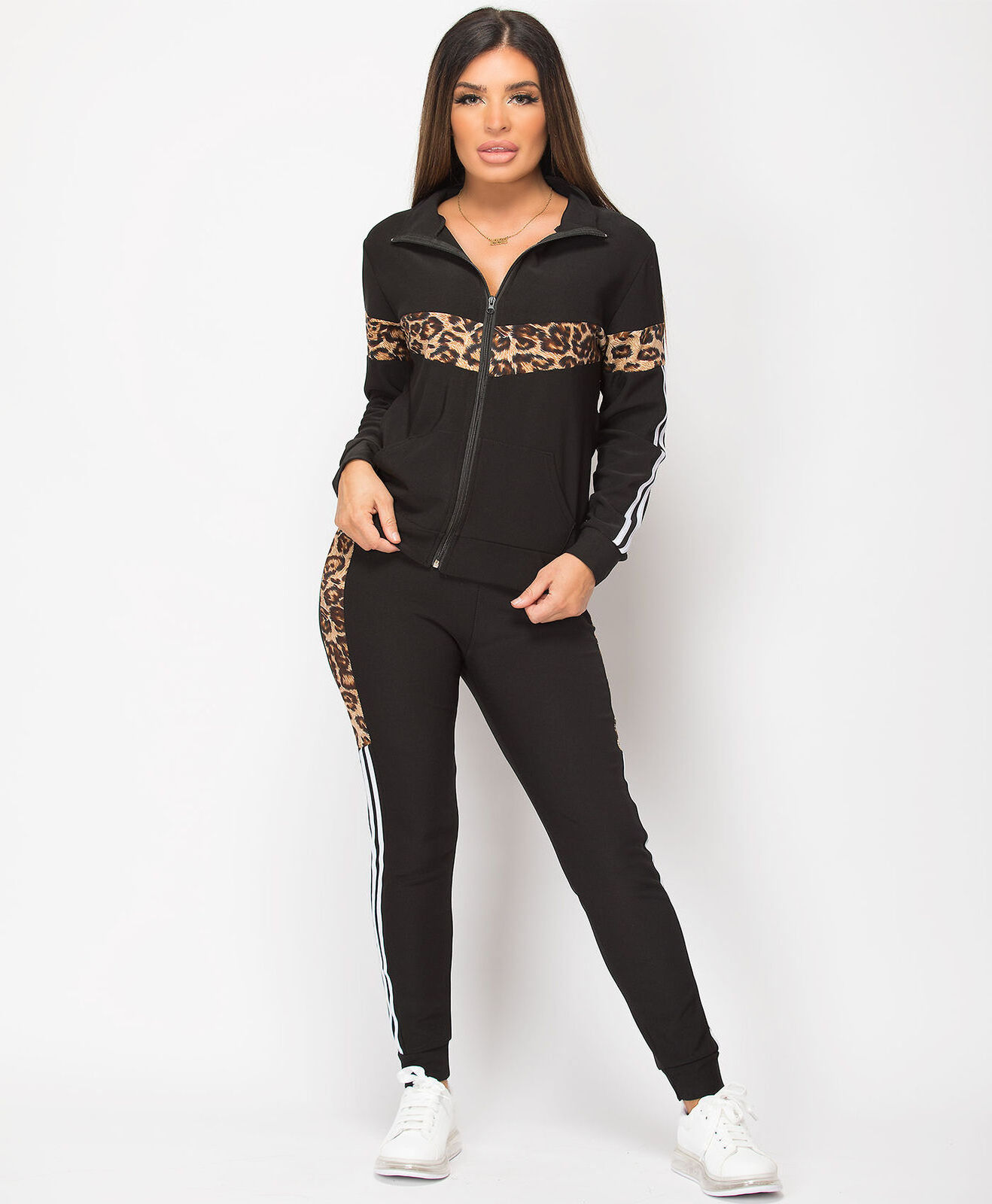 Custom Logo Womens Tracksuits Cotton Polyester Leopard Print Side Stripe Women Jogging 2 Pieces Tracksuit Set