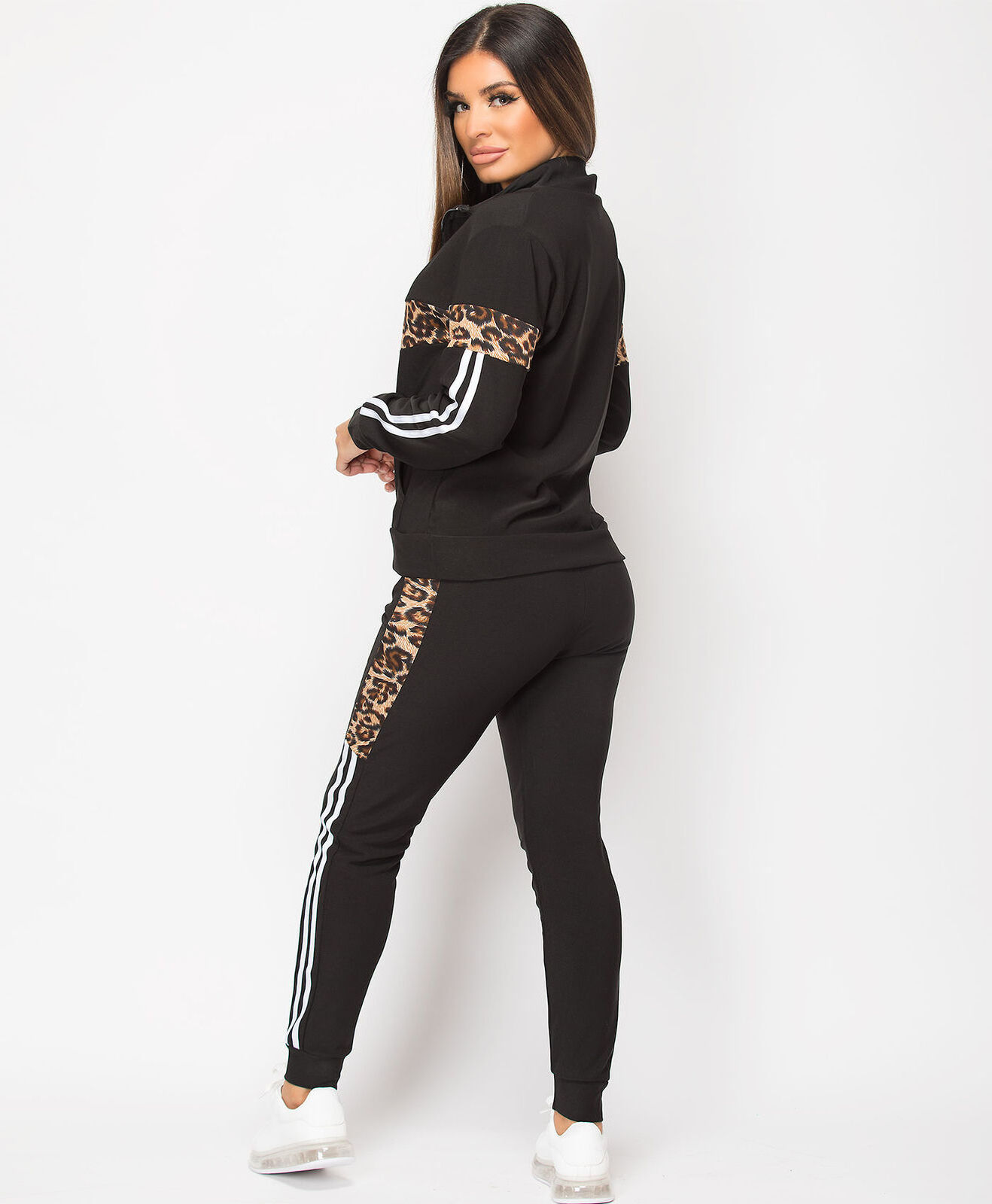 Custom Logo Womens Tracksuits Cotton Polyester Leopard Print Side Stripe Women Jogging 2 Pieces Tracksuit Set