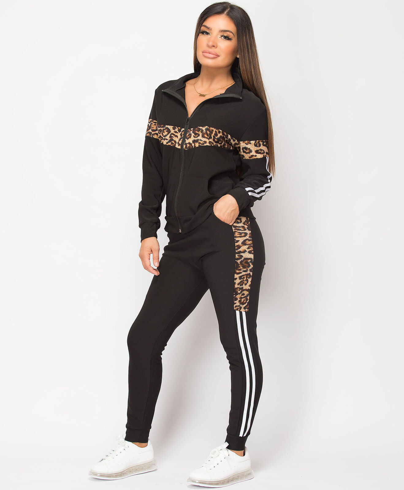 Custom Logo Womens Tracksuits Cotton Polyester Leopard Print Side Stripe Women Jogging 2 Pieces Tracksuit Set